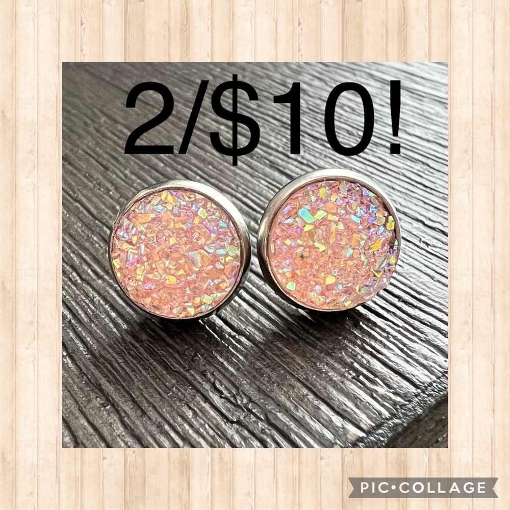 Faux Druzy 10mm stud earrings, pale pink, stainless steel backs. BUNDLE & SAVE!